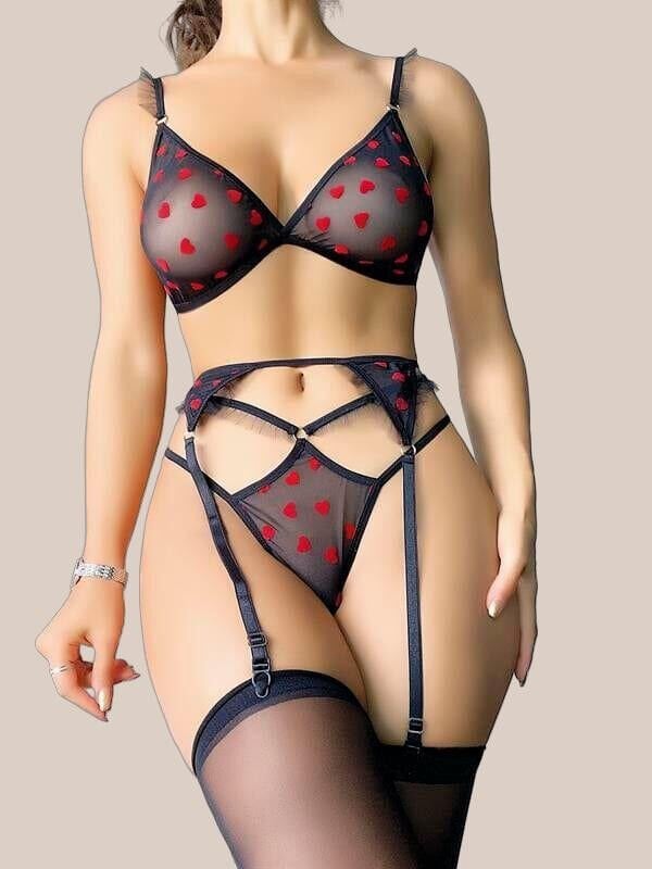 Arias Closet Siyah Kalp Desenli Jartiyerli Sütyen Külot Takımı