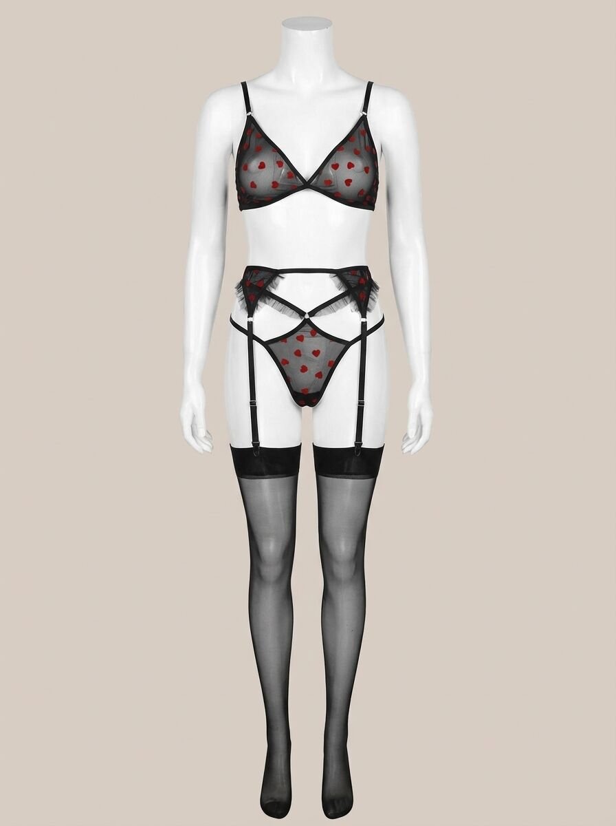 Siyah Kalp Desenli Jartiyerli Sütyen Külot Takımı