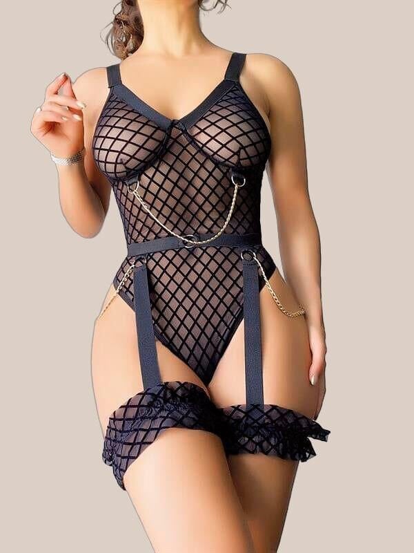 Arias Closet Siyah File Görünümlü Jartiyerli Body Takım