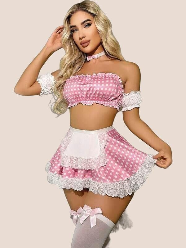 Arias Closet Pembe Kare Desen Etekli Fantezi Hizmetçi Kostümü