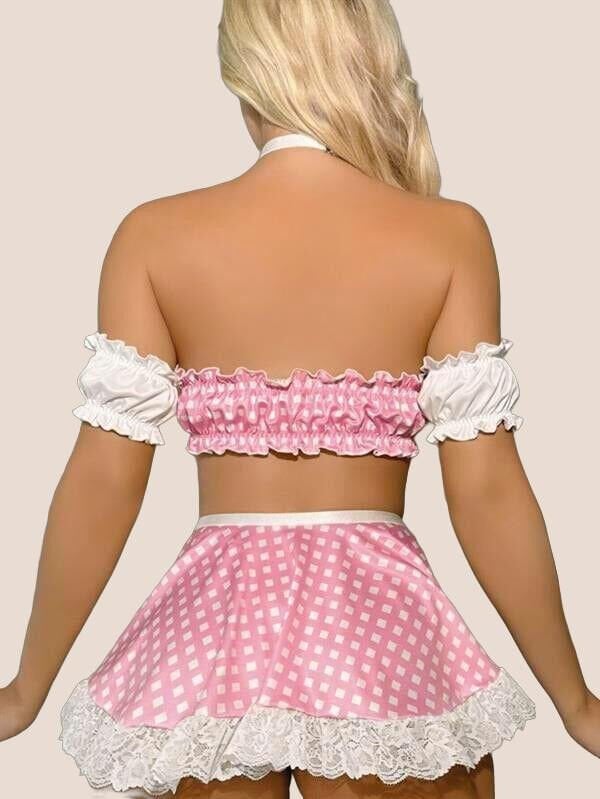 Arias Closet Pembe Kare Desen Etekli Fantezi Hizmetçi Kostümü