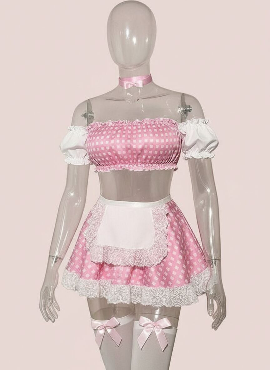 Arias Closet Pembe Kare Desen Etekli Fantezi Hizmetçi Kostümü