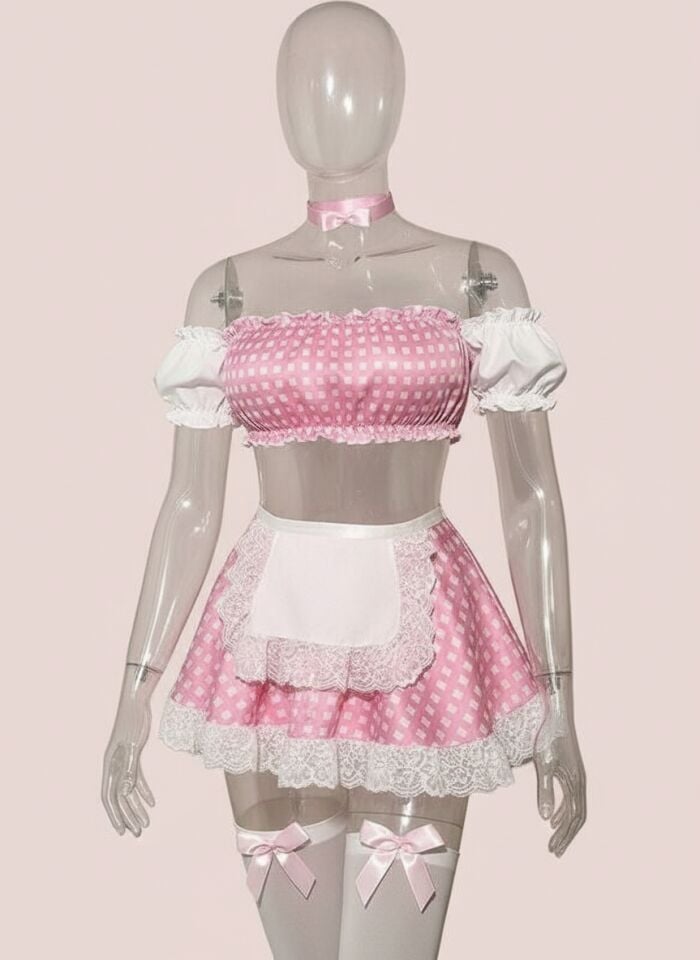 Arias Closet Pembe Kare Desen Etekli Fantezi Hizmetçi Kostümü