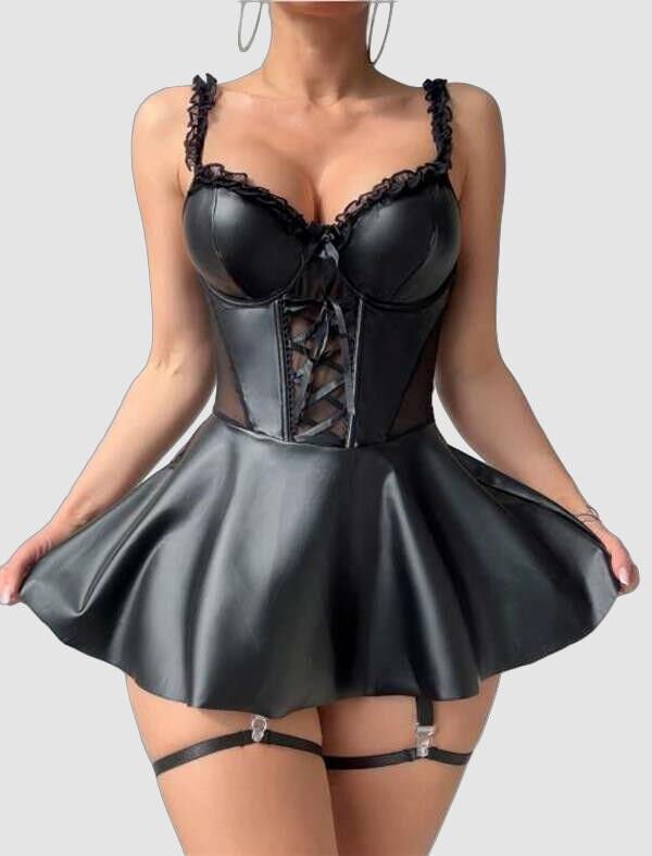 Arias Closet Siyah Etekli Pileli Jartiyer Görünümlü Fantezi Deri Elbise