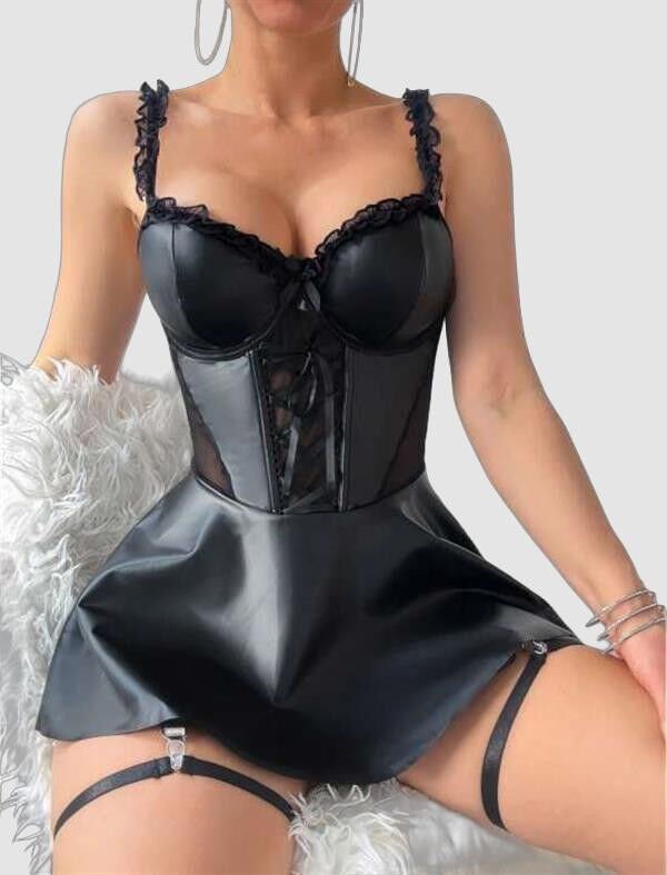 Arias Closet Siyah Etekli Pileli Jartiyer Görünümlü Fantezi Deri Elbise