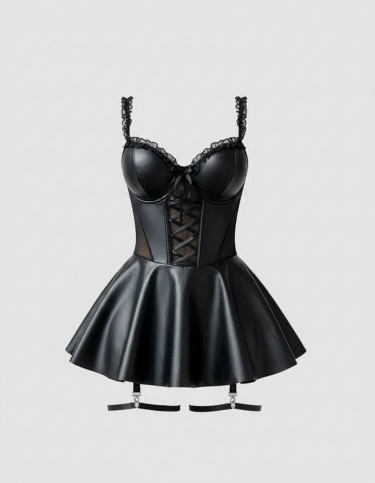 Arias Closet Siyah Etekli Pileli Jartiyer Görünümlü Fantezi Deri Elbise