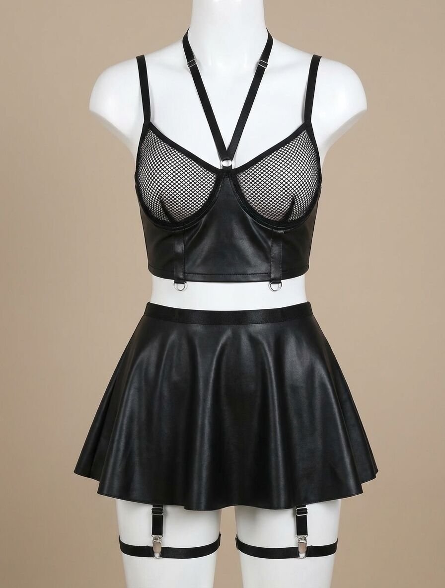 Siyah Etekli Pileli Jartiyer Görünümlü Fileli Fantezi Deri Elbise