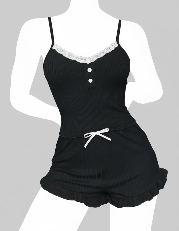 Arias Closet Siyah Üstüne Beyaz Dantel İşlemeli Askılı Şortlu Pijama Takımı