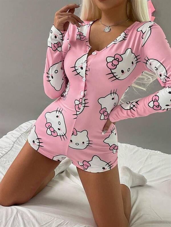 Arias Closet Pamuklu Pembe Hello Kitty Desenli Düğmeli Uzun Kol Tulum Pijama