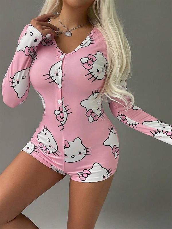Arias Closet Pamuklu Pembe Hello Kitty Desenli Düğmeli Uzun Kol Tulum Pijama