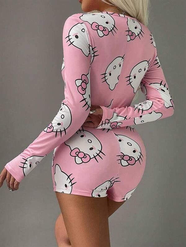 Arias Closet Pamuklu Pembe Hello Kitty Desenli Düğmeli Uzun Kol Tulum Pijama