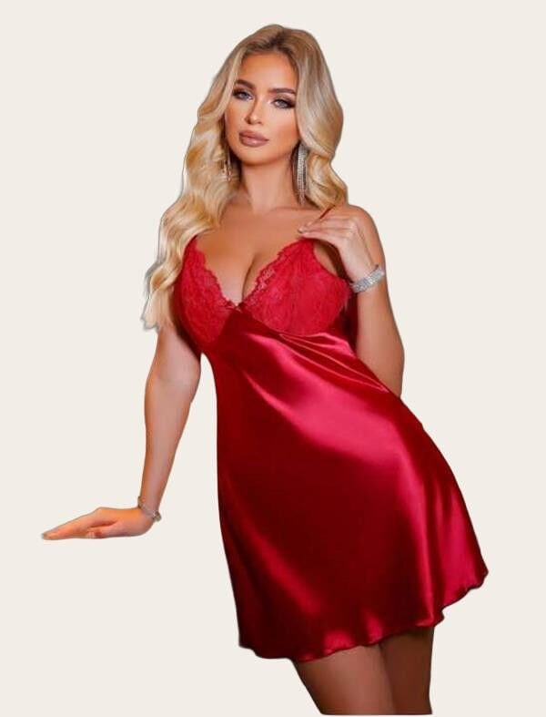 Arias Closet Kırmızı Dantel İşlemeli İnce Askılı Saten Kısa Fantezi Gecelik