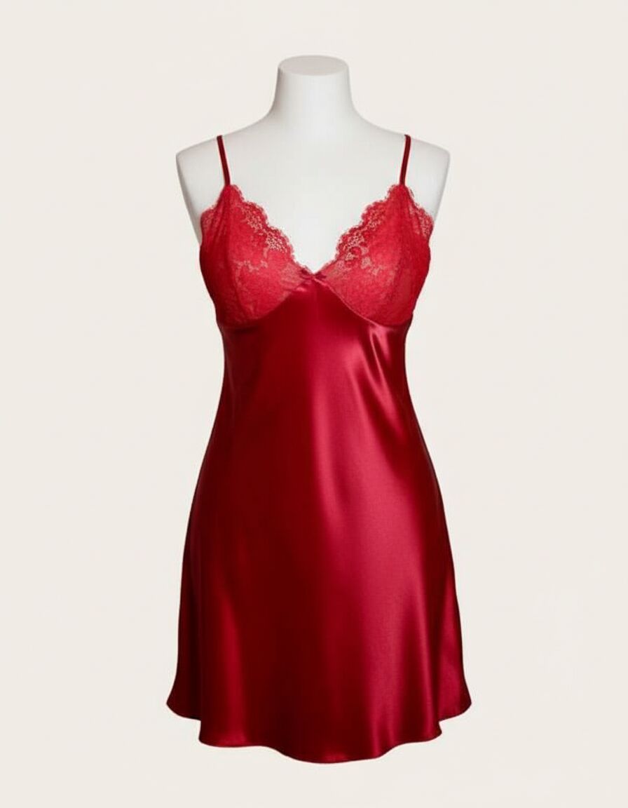 Arias Closet Kırmızı Dantel İşlemeli İnce Askılı Saten Kısa Fantezi Gecelik