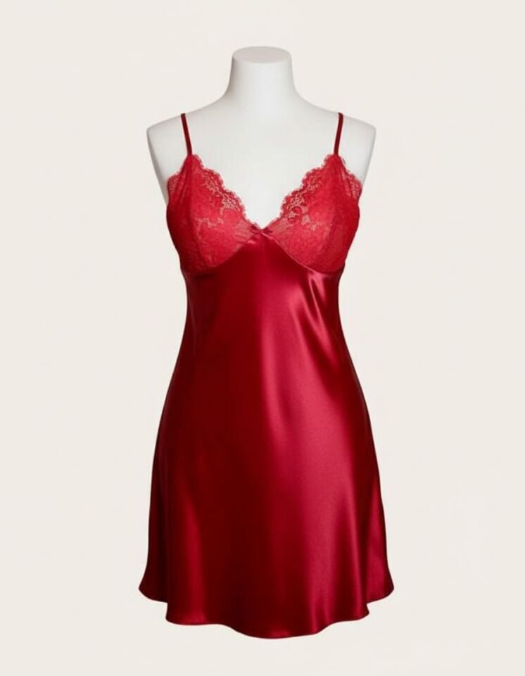Arias Closet Kırmızı Dantel İşlemeli İnce Askılı Saten Kısa Fantezi Gecelik