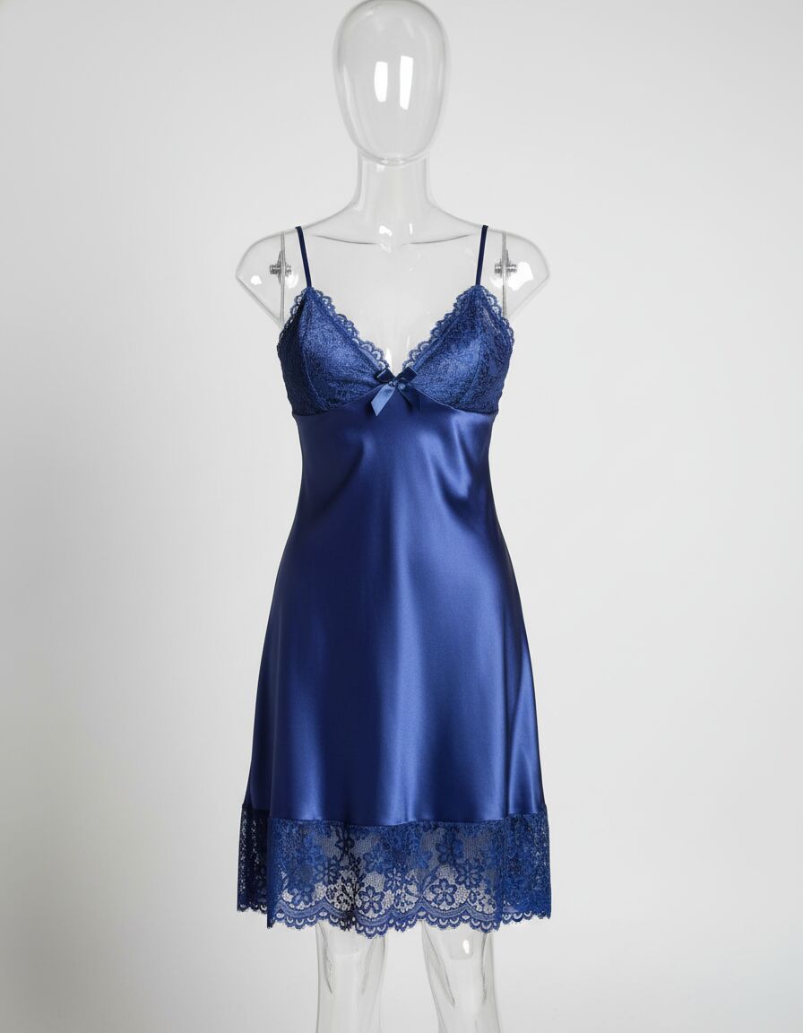 Arias Closet Mavi Dantel Detaylı İnce Askılı Saten Kısa Fantezi Gecelik
