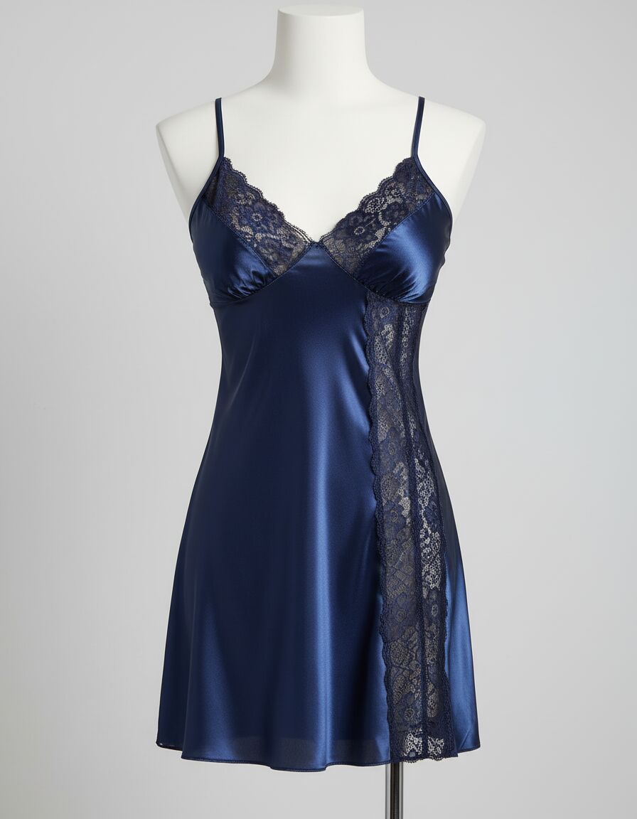 Arias Closet Mavi Dantel Detaylı Yırtmaçlı İnce Askılı Saten Kısa Fantezi Gecelik