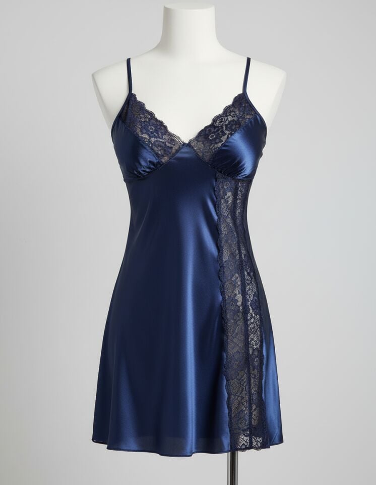 Arias Closet Mavi Dantel Detaylı Yırtmaçlı İnce Askılı Saten Kısa Fantezi Gecelik