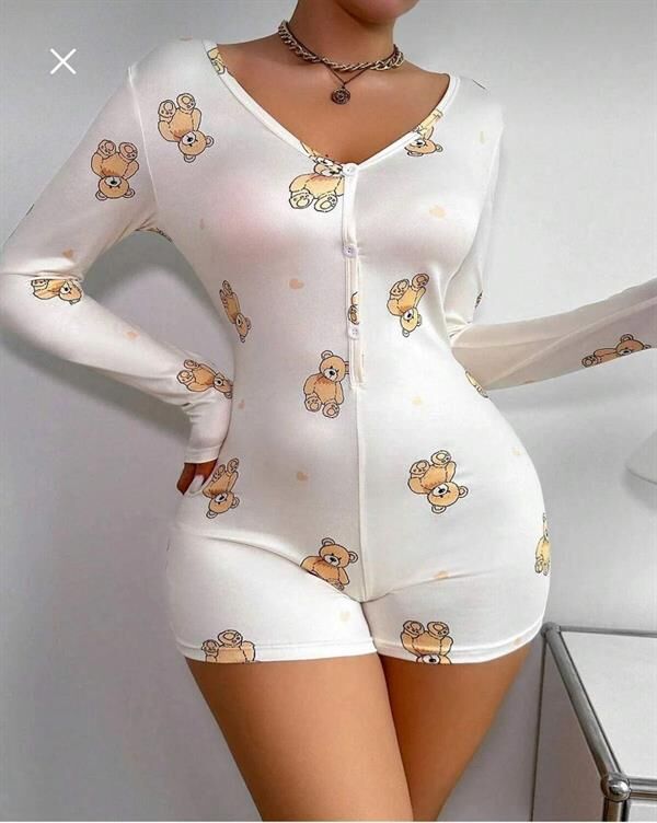 Arias Closet Pamuklu Beyaz Ayıcık Desenli Düğmeli Uzun Kol Tulum Pijama