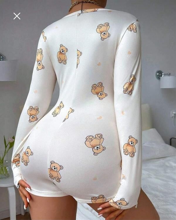 Arias Closet Pamuklu Beyaz Ayıcık Desenli Düğmeli Uzun Kol Tulum Pijama