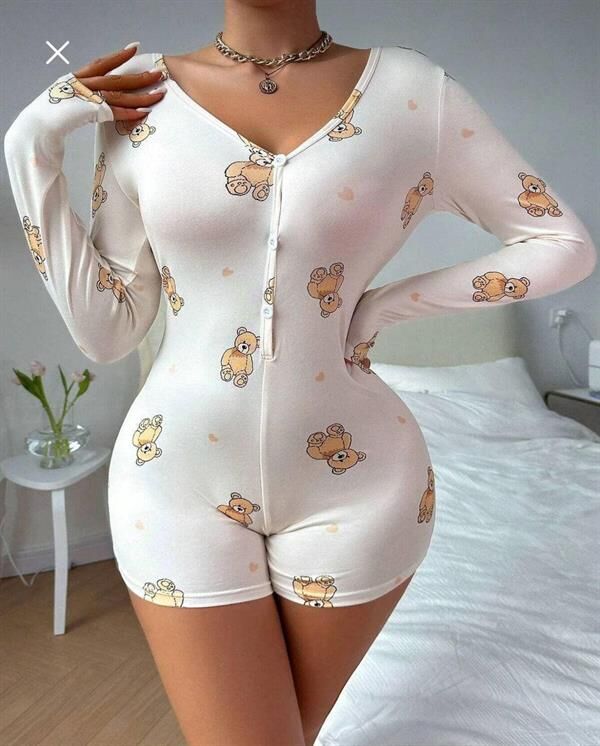 Arias Closet Pamuklu Beyaz Ayıcık Desenli Düğmeli Uzun Kol Tulum Pijama