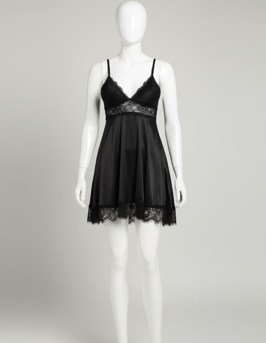 Arias Closet Siyah Dantel İşlemeli İnce Askılı Saten Kısa Fantezi Şık Gecelik