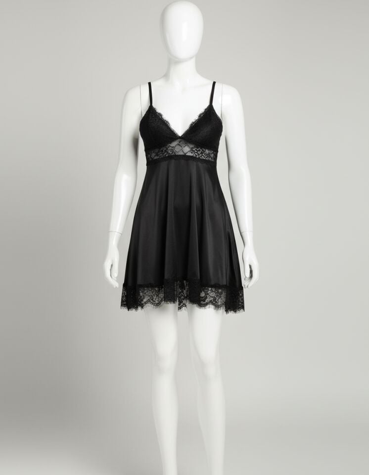 Arias Closet Siyah Dantel İşlemeli İnce Askılı Saten Kısa Fantezi Şık Gecelik