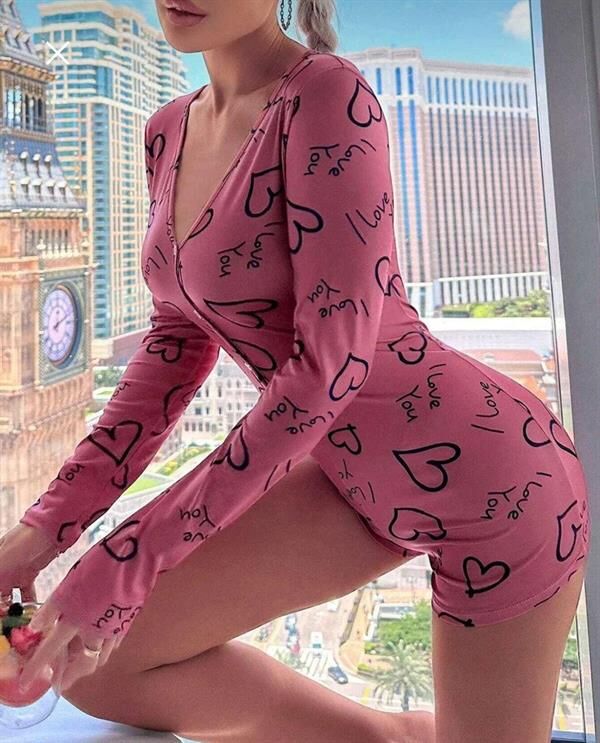 Arias Closet Pamuklu Pembe Siyah Kalp Desenli Düğmeli Uzun Kol Tulum Pijama