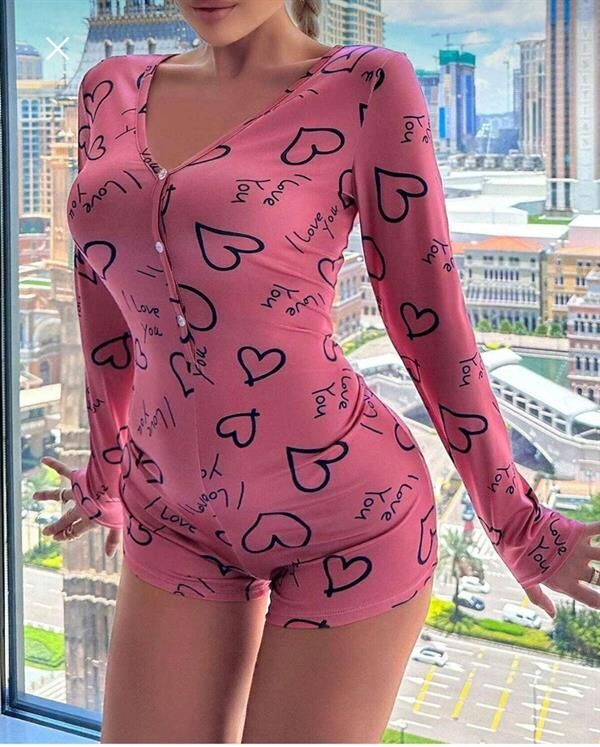 Arias Closet Pamuklu Pembe Siyah Kalp Desenli Düğmeli Uzun Kol Tulum Pijama