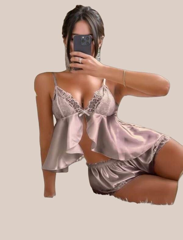 Arias Closet Vizon Dantel İşlemeli İnce Askılı Saten Şortlu Takım