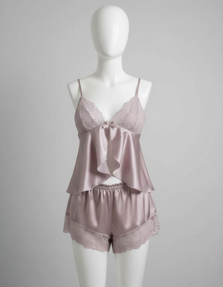 Arias Closet Vizon Dantel İşlemeli İnce Askılı Saten Şortlu Takım