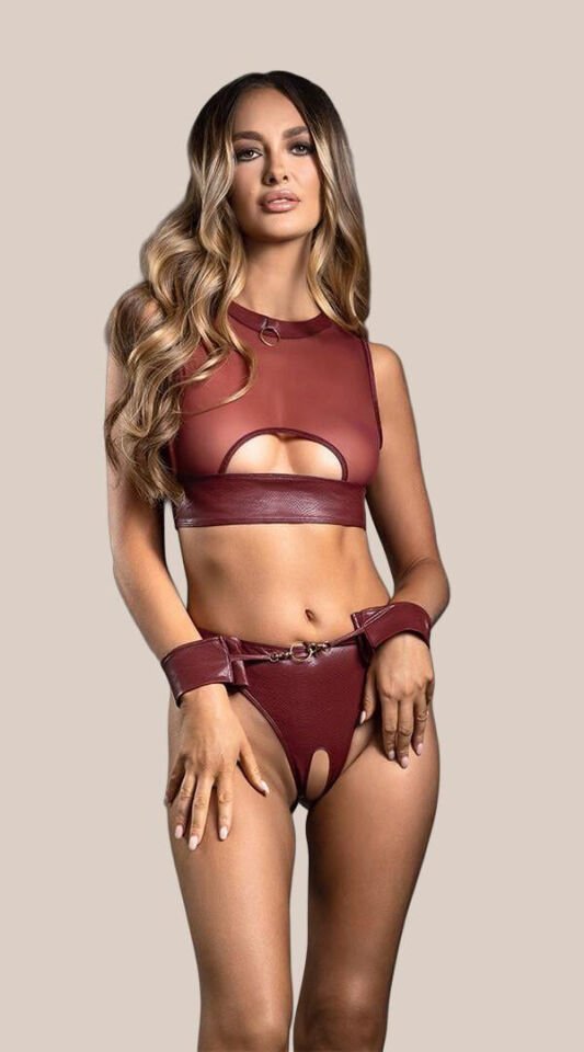 Deri Bordo Tül Büstiyerli Özel Bölgesi Açık Fantezi Takım