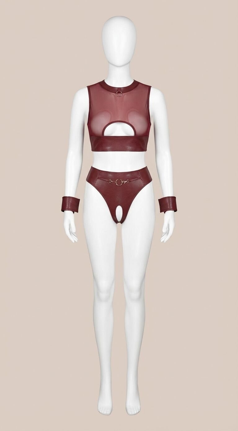 Deri Bordo Tül Büstiyerli Özel Bölgesi Açık Fantezi Takım