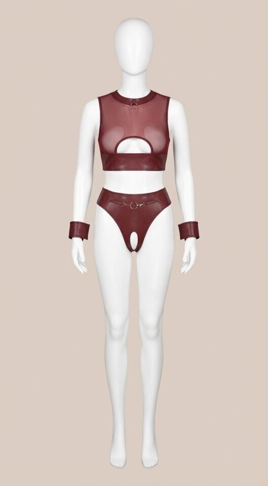 Deri Bordo Tül Büstiyerli Özel Bölgesi Açık Fantezi Takım