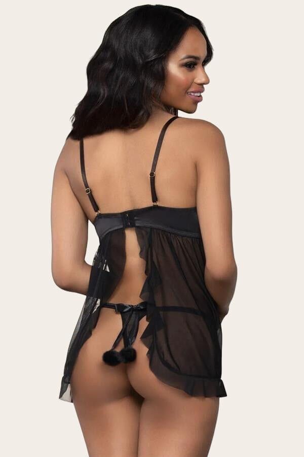 Arias Closet Siyah Pon Pon Detaylı Tül Fantezi Gecelik