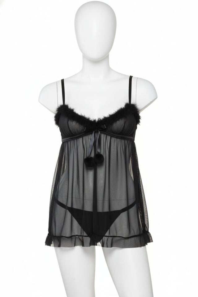 Arias Closet Siyah Pon Pon Detaylı Tül Fantezi Gecelik