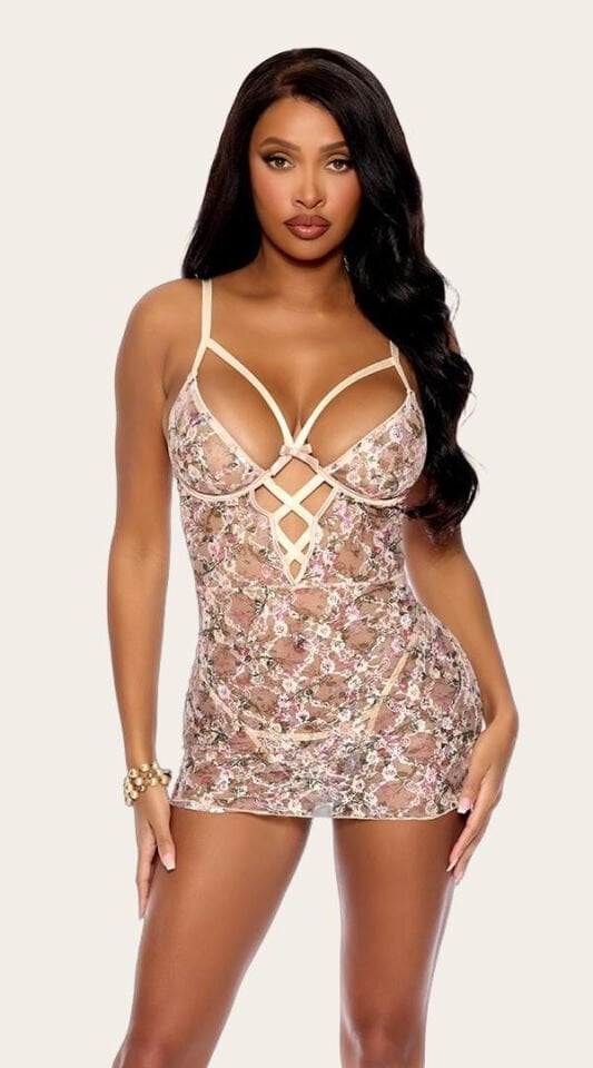 Arias Closet Çiçek Desenli İp Detaylı Tül Fantezi Gecelik