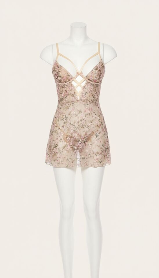 Arias Closet Çiçek Desenli İp Detaylı Tül Fantezi Gecelik