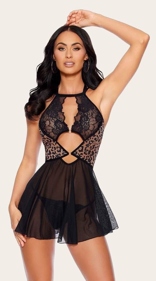 Arias Closet Siyah Leopar Desenli Dantel İşlemeli Tül Fantezi Gecelik