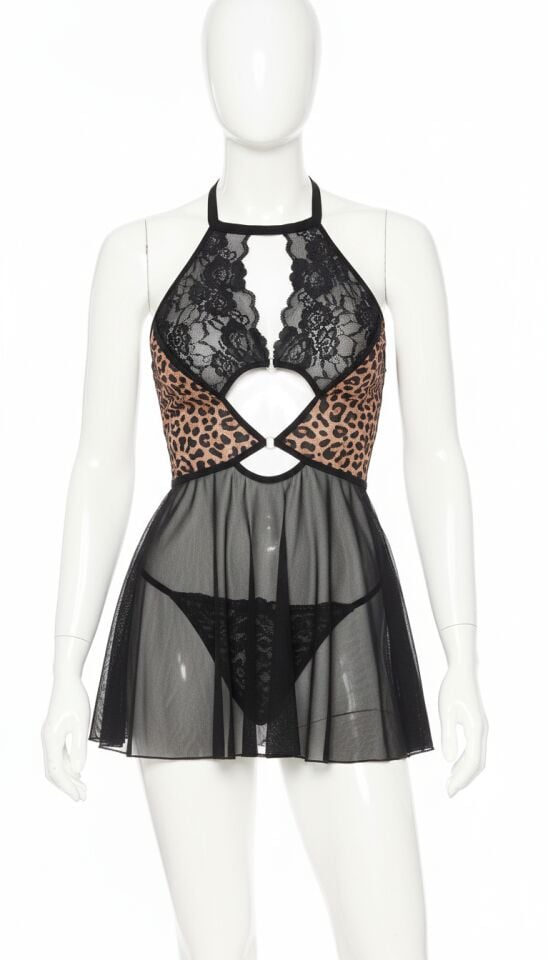 Arias Closet Siyah Leopar Desenli Dantel İşlemeli Tül Fantezi Gecelik