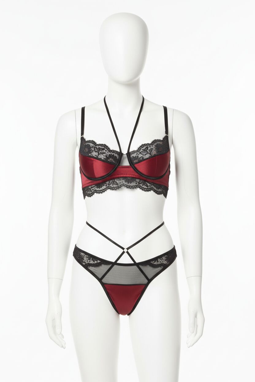 Bordo Dantel İşlemeli Fantezi Sütyen Külot Takımı