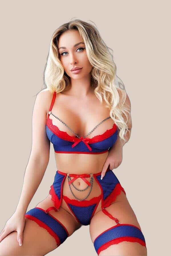 Mavi Kırmızı Zincir Detaylı Fantezi Sütyen Külot Jartiyer Takım