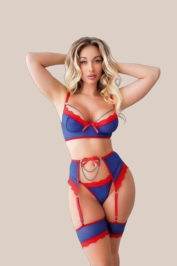 Arias Closet Mavi Kırmızı Zincir Detaylı Fantezi Sütyen Külot Jartiyer Takım