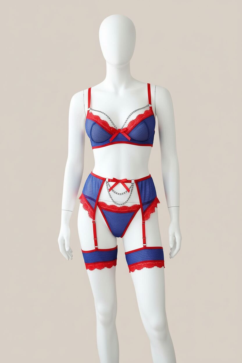 Mavi Kırmızı Zincir Detaylı Fantezi Sütyen Külot Jartiyer Takım