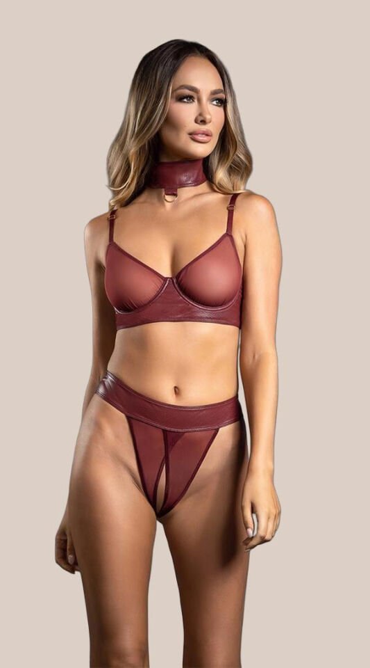 Arias Closet Bordo Tül Büstiyerli Özel Bölgesi Açık Kelepçeli Fantezi Deri Takım