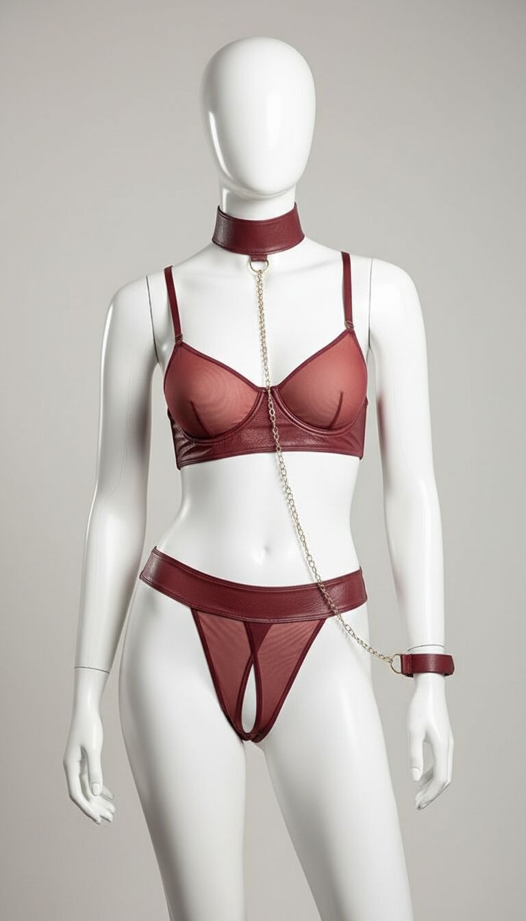 Bordo Tül Büstiyerli Özel Bölgesi Açık Kelepçeli Fantezi Deri Takım