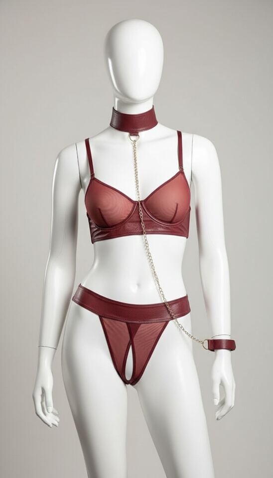 Arias Closet Bordo Tül Büstiyerli Özel Bölgesi Açık Kelepçeli Fantezi Deri Takım