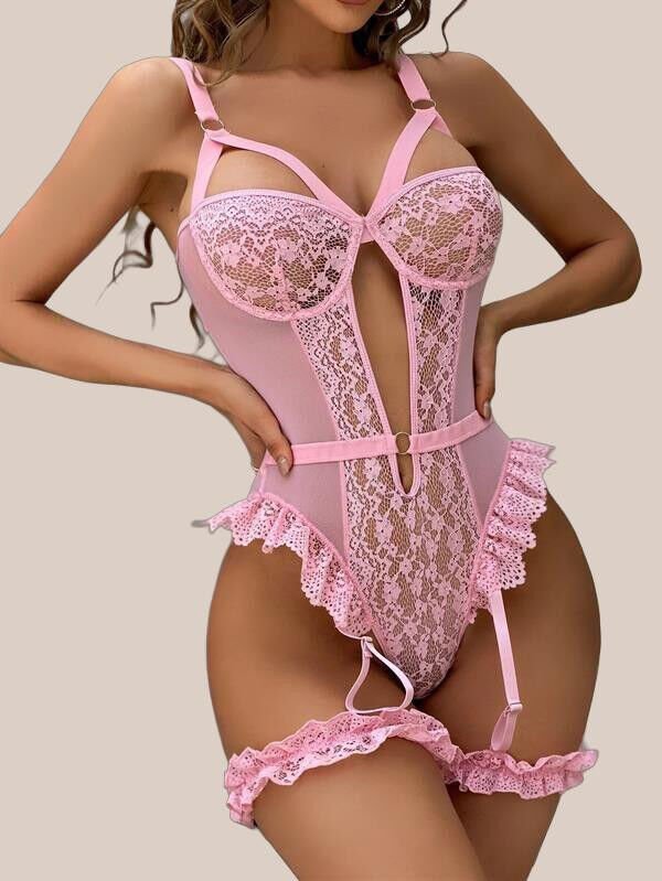 Özel Tasarım Pembe Dantelli Fantezi Jartiyer Takımı