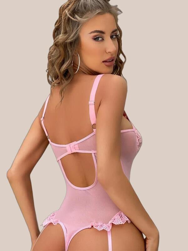 Özel Tasarım Pembe Dantelli Fantezi Jartiyer Takımı