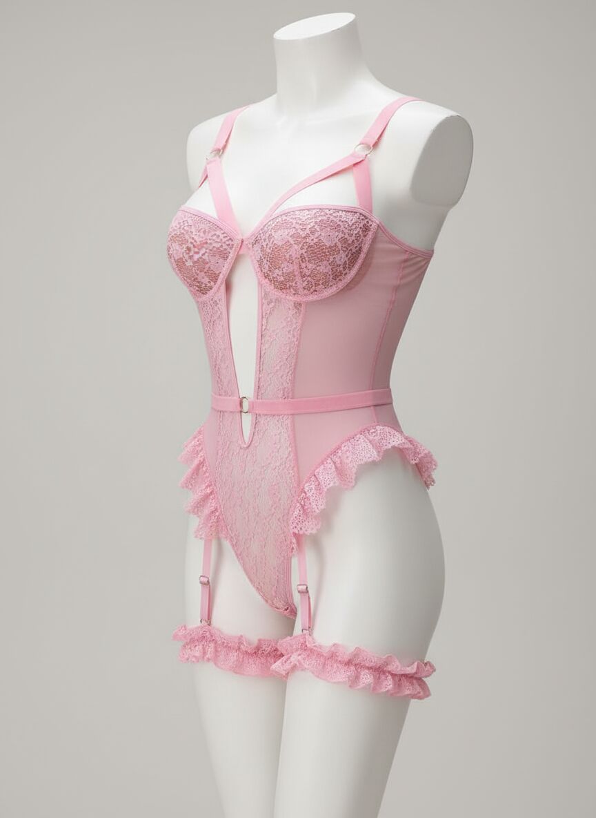 Özel Tasarım Pembe Dantelli Fantezi Jartiyer Takımı