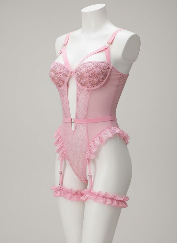 Arias Closet Özel Tasarım Pembe Dantelli Fantezi Jartiyer Takımı